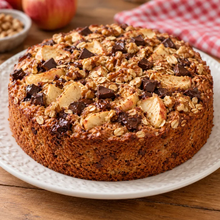 Bolo de maçã, aveia, nozes e chocolate picado