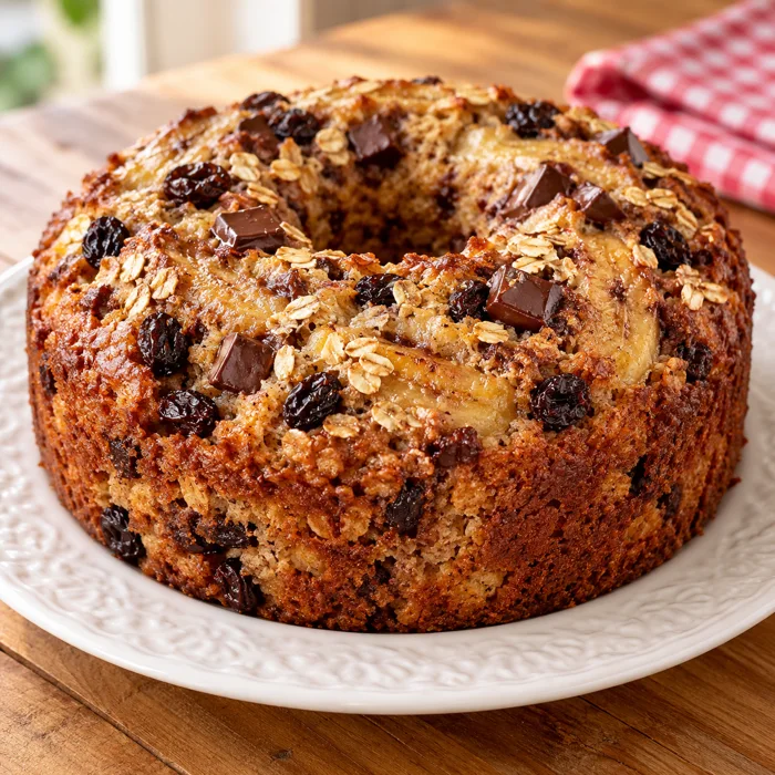 Bolo de banana, aveia, passas e chocolate picado